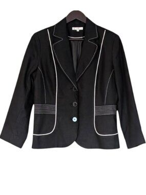 NWT Laura Studio Linen Blend Blazer Black White Piping Tailored Office Jacket